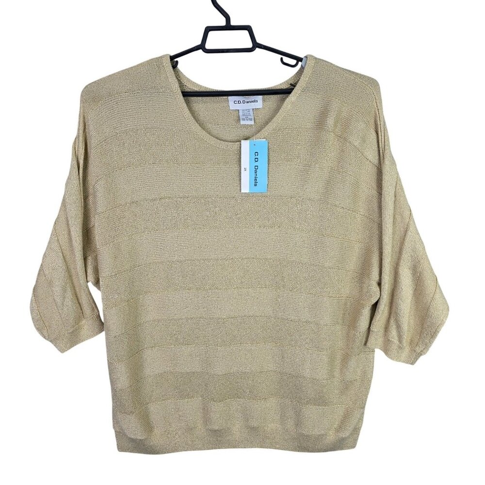 Womens C.D. Daniels Gold 3/4 Sleeve Knit Sweater Rayon Lurex Blend Size 2X